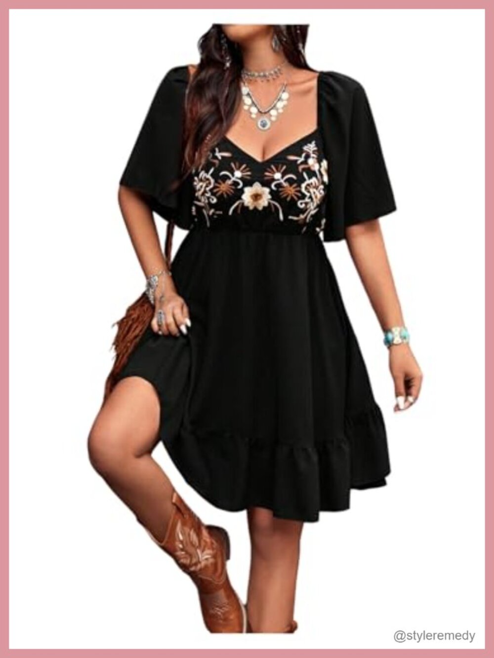 Women's Boho Floral Embroidered A-Line Cowgirl Dress Sweetheart Neck Ruffle Hem